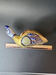 Vintage Mexican Pottery Folk Art Shelf Sitter Diving Duck Bird Armored Brass