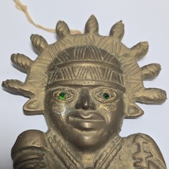 Peruvian Brass Sun God Figure Wall Hanging Wall Decor Hanging, Green Eyes
