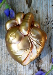 Anatomical Gold Heart Clay Ornament Handmade Mexican Folk Art Love Token Sm Sz