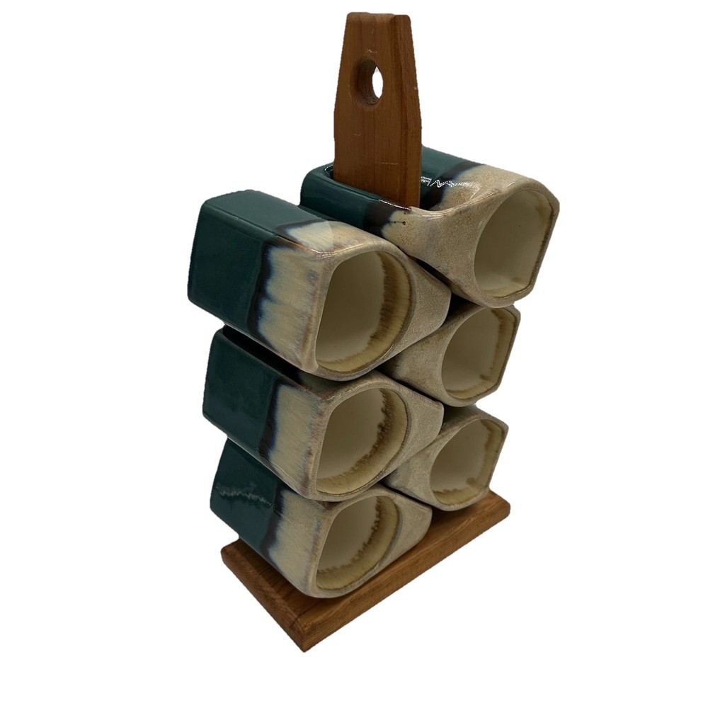 Vintage Rodolfo Padilla Stacking Mug Set 6 Stand Mexico Blue Green Brown