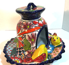 Lrge 11” Mexican Pottery Talavera Pottery “Love Birds” Hanging Bird House Feeder