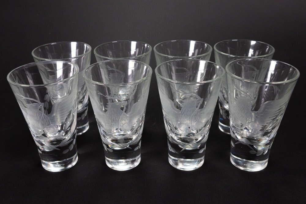 Set of 8 Mexican Coat of Arms Etched Double Sized Shot Glasses, c.2000