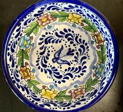 Talavera Puebla Mexico Hand Painted Bowl & 2 Plates Platter Set Blue Floral