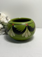 Vintage Mexican Hand Made Green And Black Pottery Planter w/ Drain Hole 5.5” T