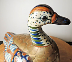 Tonala Mexico Duck Bird Ceramic w/ Brass Feathers Blue Brown Decor 7″