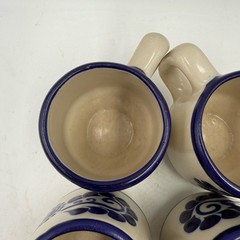 Set Of 4 Talavera Mexican Studio Folk Art Pottery Mugs Saucer Cobalt Blue Floral