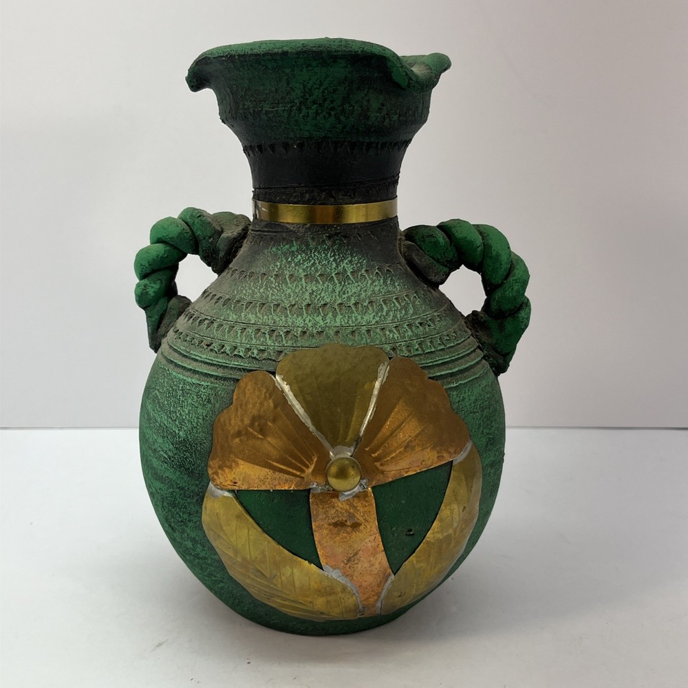 Stunning 9″x 7″ Vintage Mexican Pottery Vase Adorned w/Terracotta Copper & Brass