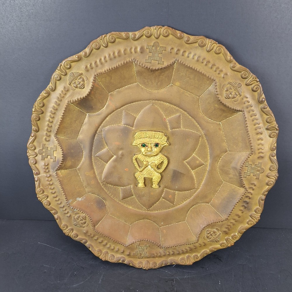 Vintage Brass Aztec Mayan Charger Tray Wall Art Plate With 3D Figure 15.5″ Dia