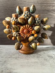 Vintage Mexican Tree of Life Candelabra Handmade Folk Art Terracotta Pottery 5″