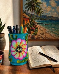 Hand-Painted Mexican Folk Art Vase – Turquoise Floral – Textured Ceramic Decor