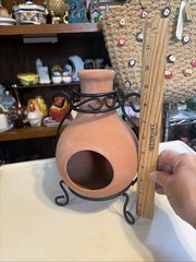 Mini Terra Cotta Pottery Tabletop Fireplace Chiminea W/Black Metal Stand
