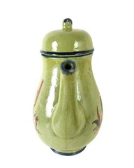 Vintage Tlaquepaque Pottery Green Pitcher with Lid Hand Painted Mexico 1940s 9″