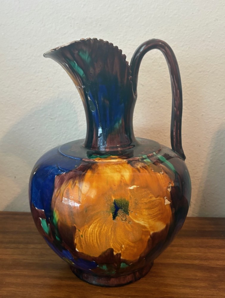 Vintage Oaxacan Mexican Drip Glazed Floral Pottery Pitcher Ewer Jug 12″