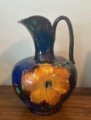 Vintage Oaxacan Mexican Drip Glazed Floral Pottery Pitcher Ewer Jug 12″