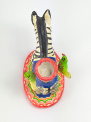 Vintage Mexican Folk Art Candle Holder Handmade Zebra Birds Clay Pottery