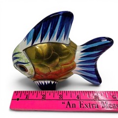Vintage Tonala Ceramic Mexican Pottery Brass Fish Sculpture Folk Art 4.5HX5.5L
