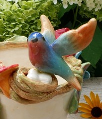 Cream Color Flower Pot Hummingbird Nest Butterflies Handmade Tonala Mexican Art