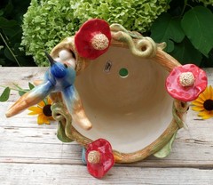 Cream Color Flower Pot Hummingbird Nest Butterflies Handmade Tonala Mexican Art