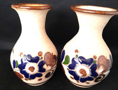 Vintage Pair Of Mexico Folk Art Pottery Tonala Floral Round Vases Signed C.O.