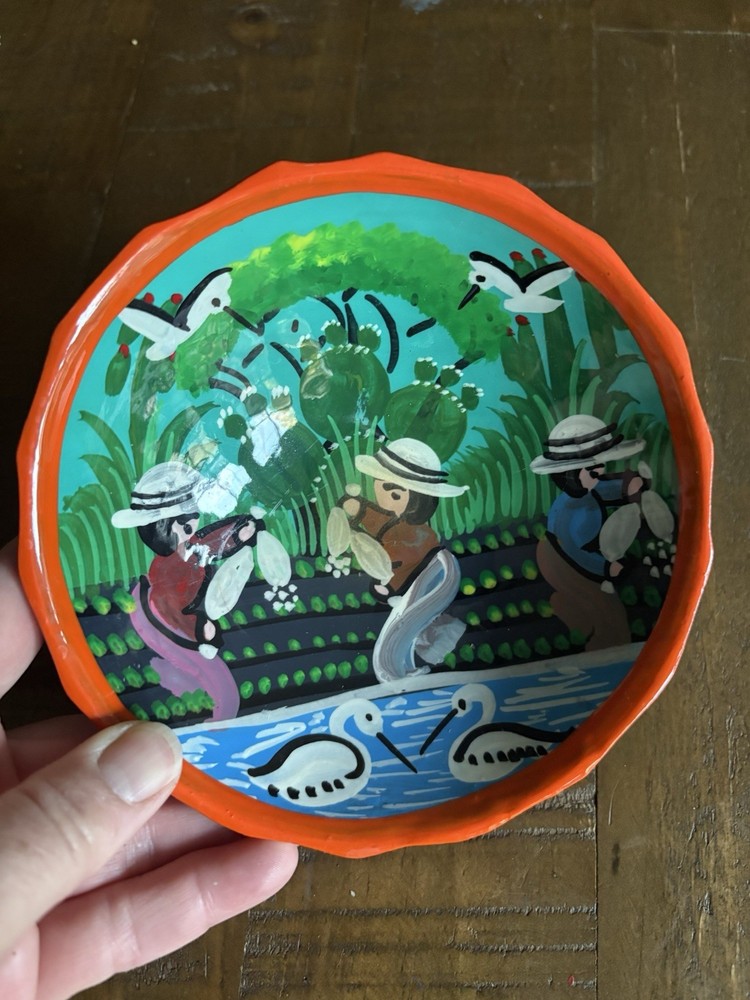 Mexican Folk Art 3 Footed Hand Painted Colorful Round Bowl People Fishing 5”