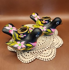 Vintage Tonala-Style Mexican Folk Art Bird Taper Candle Incense Holders Pair