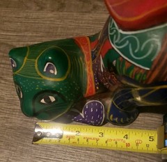 Mexico Green Kitty Cat Stretching Folk Art Clay Pottery Hand Painted Handmade