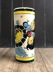 Mexico Tonala Pottery Cylinder Vase Flowers Floral Yellow Blue Green Art D8