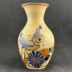 VINTAGE Tonala Mexican Folk Art Sandstone Pottery Bird Floral Vase Signed 6”
