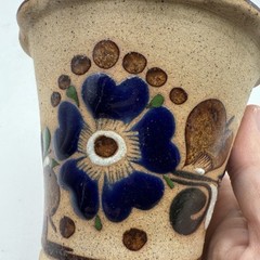 Tonala Mexican Folk Art Pottery Stoneware Cobalt Flowers Pot Tonala Mexico