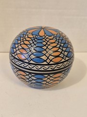 Javier Servin Blue & Orange Hand Painted Mexican Pottery Round Trinket Box 1996