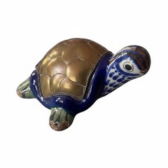 Vintage Tonala Mexican Pottery Turtle Decoration Brass Copper Shell 1960s Unique