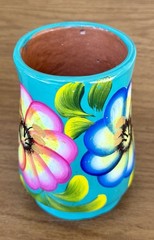 Hand-Painted Mexican Folk Art Vase – Turquoise Floral – Textured Ceramic Decor