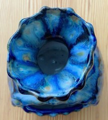 Mexican ceramic chiminea candle holder signed Reyna blue drip glaze tabletop 7½”