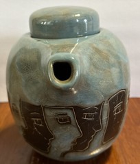 Mara Mexico Blue Slate Stoneware Teapot Pitcher Classic Faces Design Art