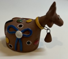 Set Of 3 Mexican Folk Art Animal Pottery Plates 4″ Round & Clay Cow with Bell