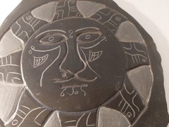 Vintage Carved Black Stone Pottery Inca Wall Hanging Sun Plate 11 In Tall