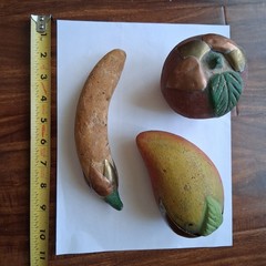 70s VTG Mexico Burnished Clay Fruit Apple Mango Banana Terracotta Brass Inlay HP