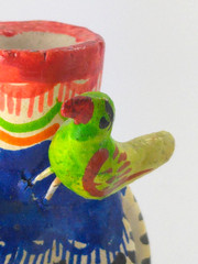 Vintage Mexican Folk Art Candle Holder Handmade Zebra Birds Clay Pottery
