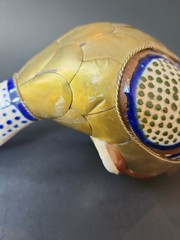 Vintage Mexican Pottery Folk Art Shelf Sitter Diving Duck Bird Armored Brass