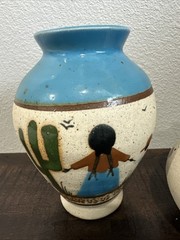 Vtg Tonala Mexican Pottery Vases Set of 2 Hand Painted Sandstone Signed Mexico