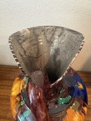 Vintage Oaxacan Mexican Drip Glazed Floral Pottery Pitcher Ewer Jug 12″