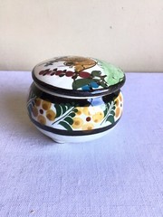 Vintage Tonala Mexican Folk Art Pottery Bird Round Glazed Lidded Trinket Box