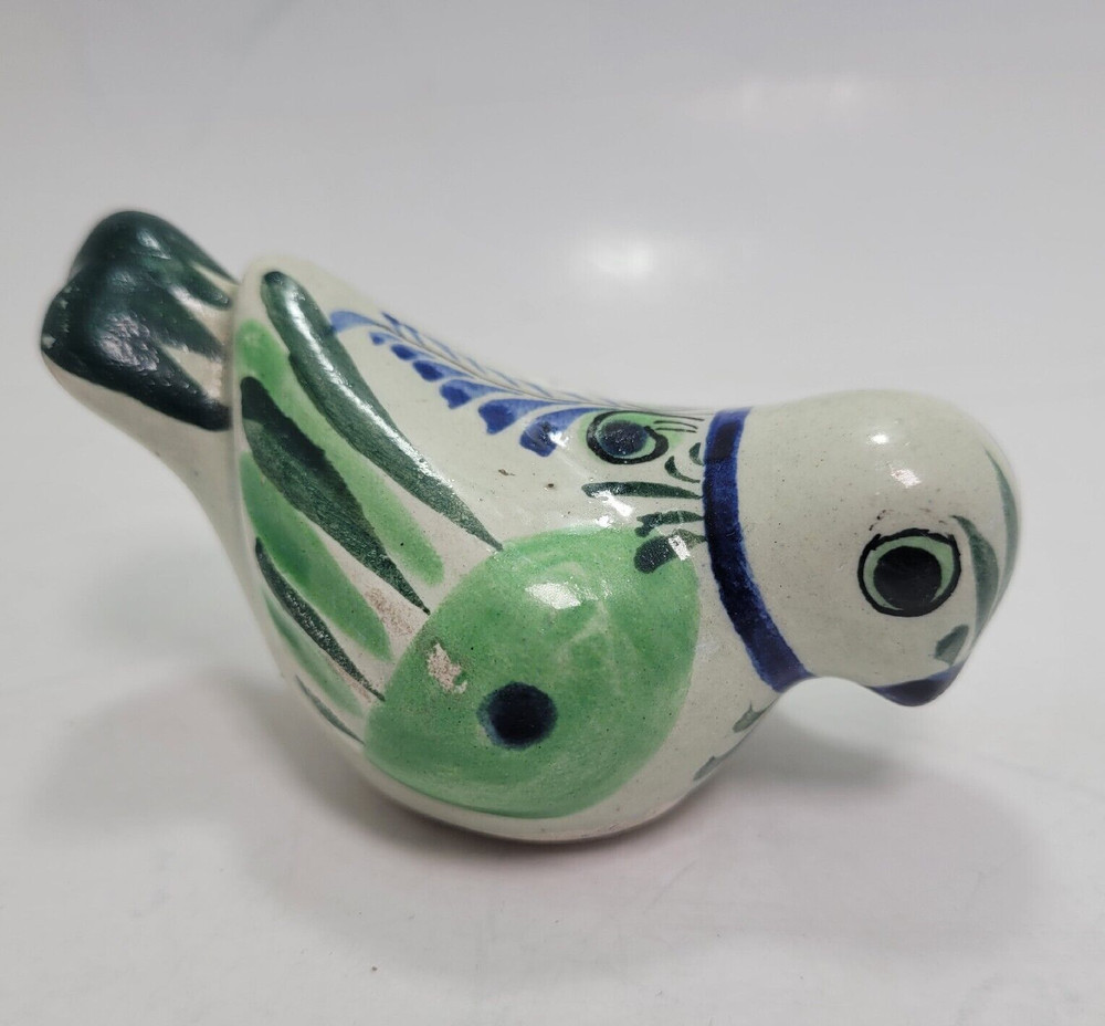 Mexican Pottery Hand Painted Small Bird Figurine Green and Blue 2″ T