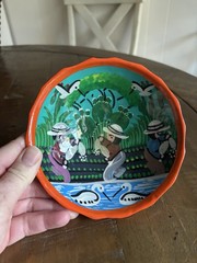 Mexican Folk Art 3 Footed Hand Painted Colorful Round Bowl People Fishing 5”