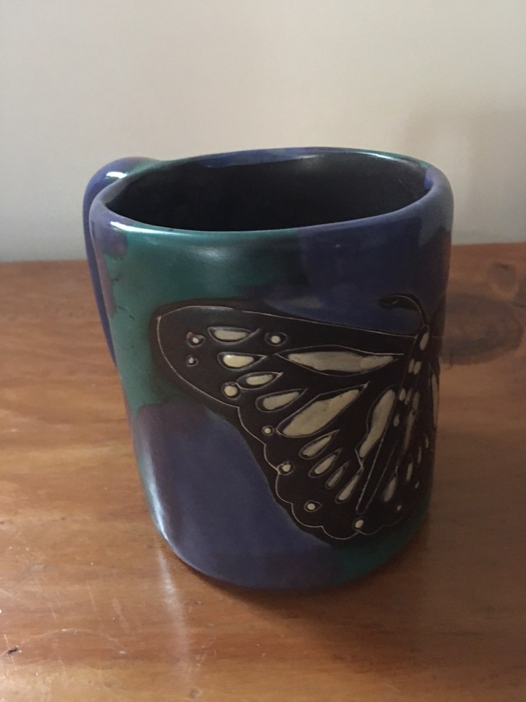 Mara Mexico Pottery Butterfly Coffee Mug Cup Signed Blue/Green Stoneware