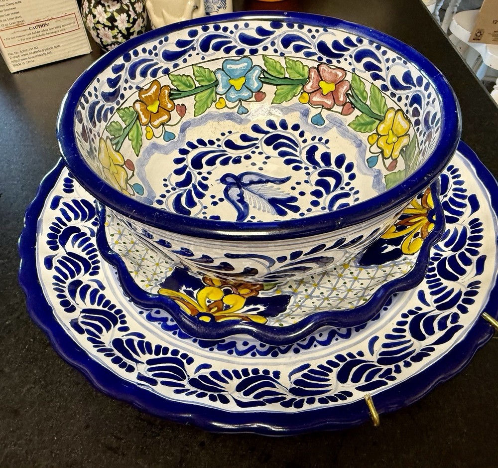 Talavera Puebla Mexico Hand Painted Bowl & 2 Plates Platter Set Blue Floral
