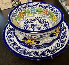 Talavera Puebla Mexico Hand Painted Bowl & 2 Plates Platter Set Blue Floral