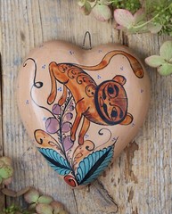 Hand Painted Clay Heart Shapeshifter Nagual Medrano Mexico Folk Art Love Token