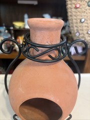 Mini Terra Cotta Pottery Tabletop Fireplace Chiminea W/Black Metal Stand