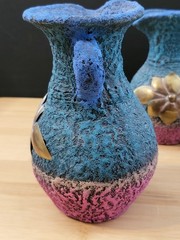 Vtg Black Clay Sand Terracotta Pottery Vase Copper/Brass Flower Trio Of Pitchers